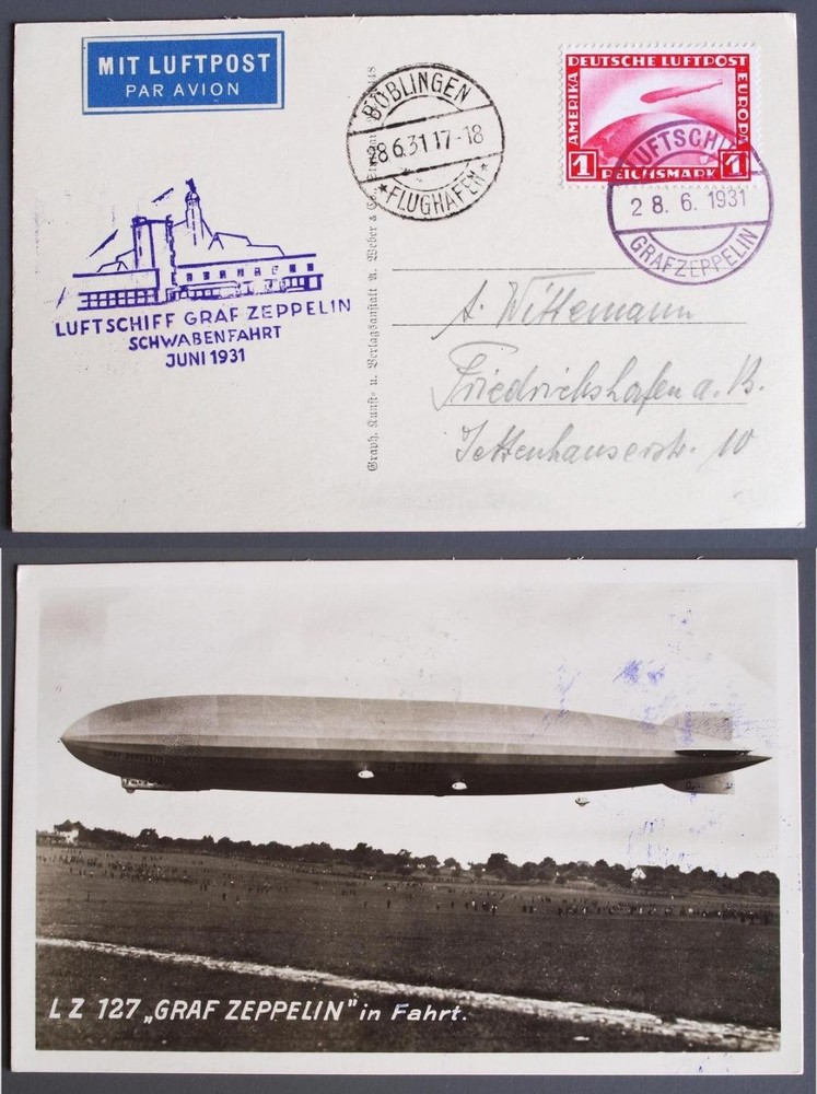 GERMANY 1931 ZEPPELIN Schwaben/Swabia Flight Crew Mail PPC „Captain A. Wittemann
