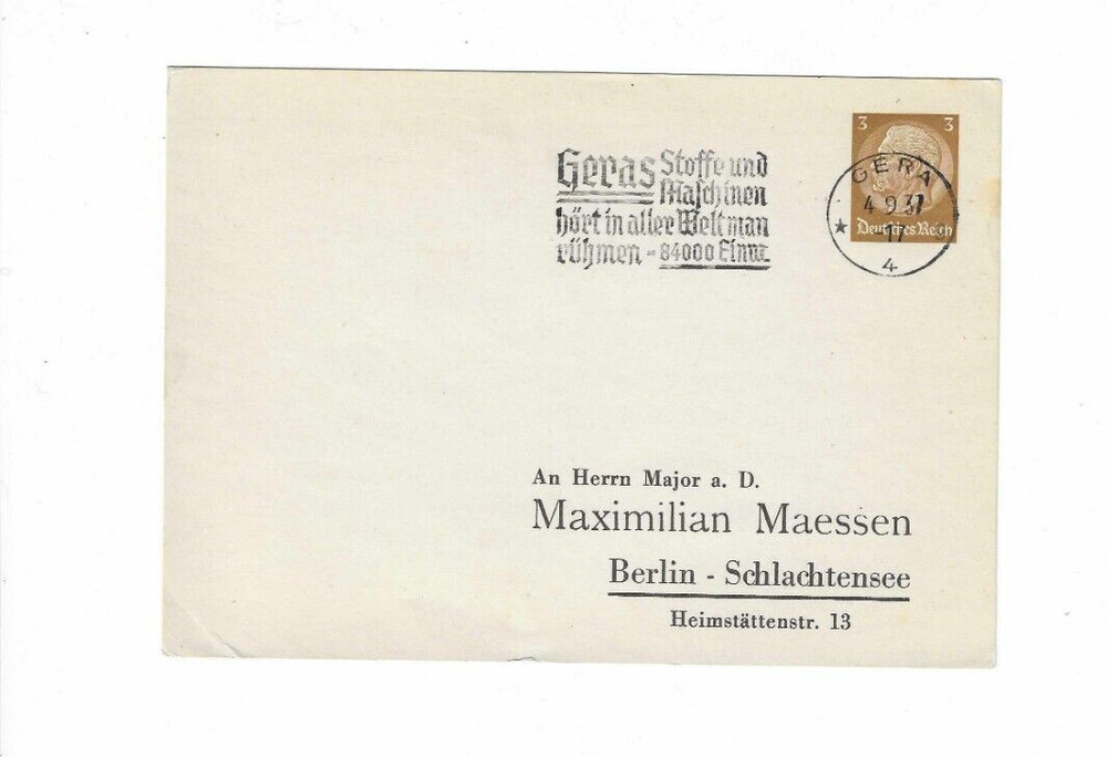 GERMANY 1937 Post Card sent from Gera to Berlin-Schlachtensee – slogan cancel