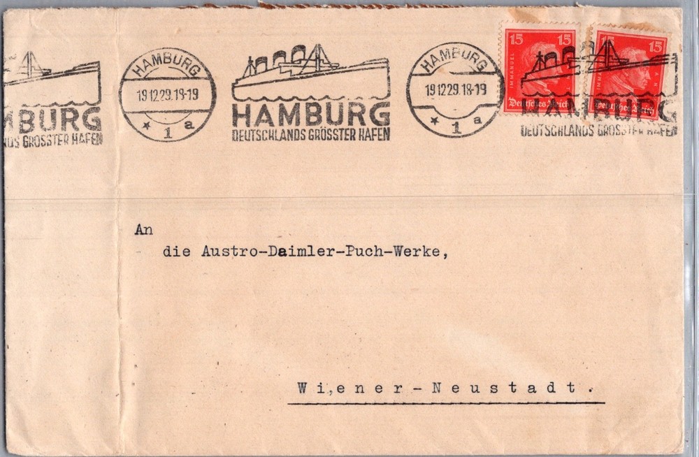 GERMANY 1929 POSTAL ADVERTISING COVER ADDR WIENER NEU. CANC PICT SLOGAN HAMBURG