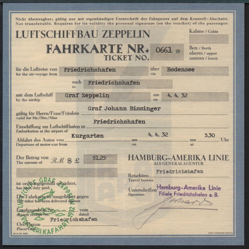 ✔️ Deutsches Reich Luftschiffbau Zeppelin Fahrkarte Ticket 1931 REPRODUCTION