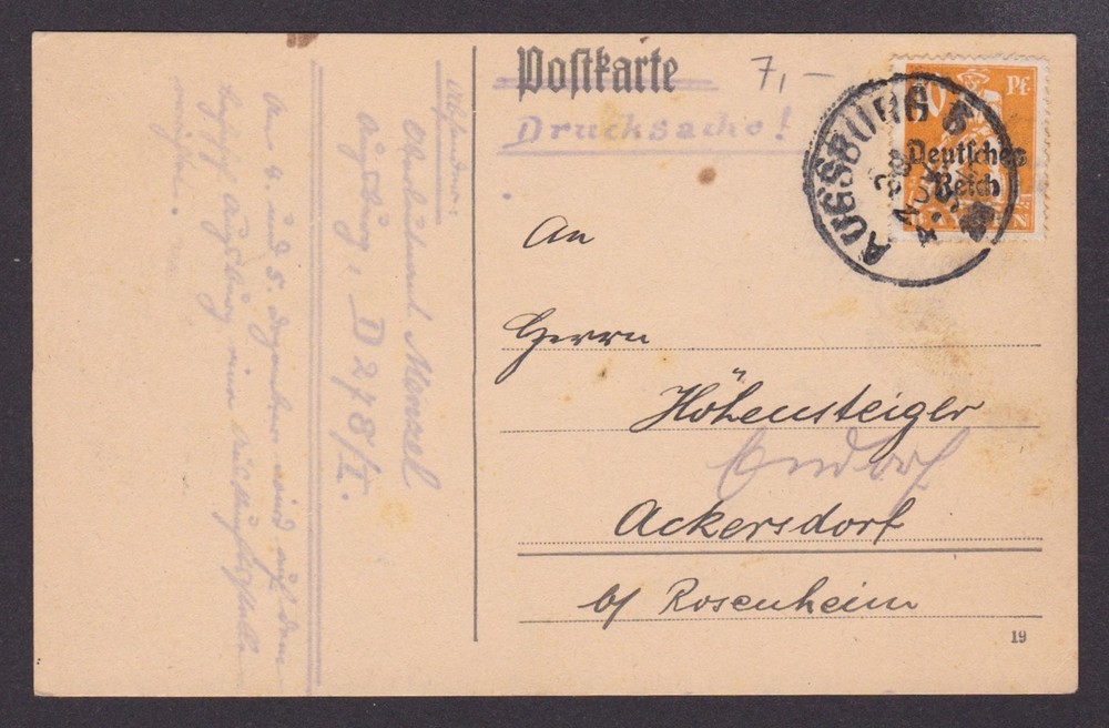 GERMANY 1920, Postcard from Augsburg to Ackersdorf
