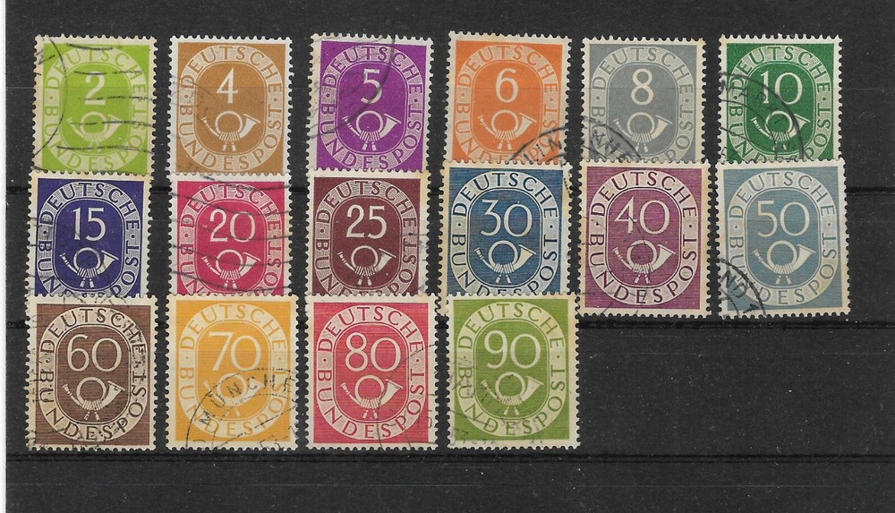 Germany: 1951; Scott 670-685, complete, post horn, really used, EBA039