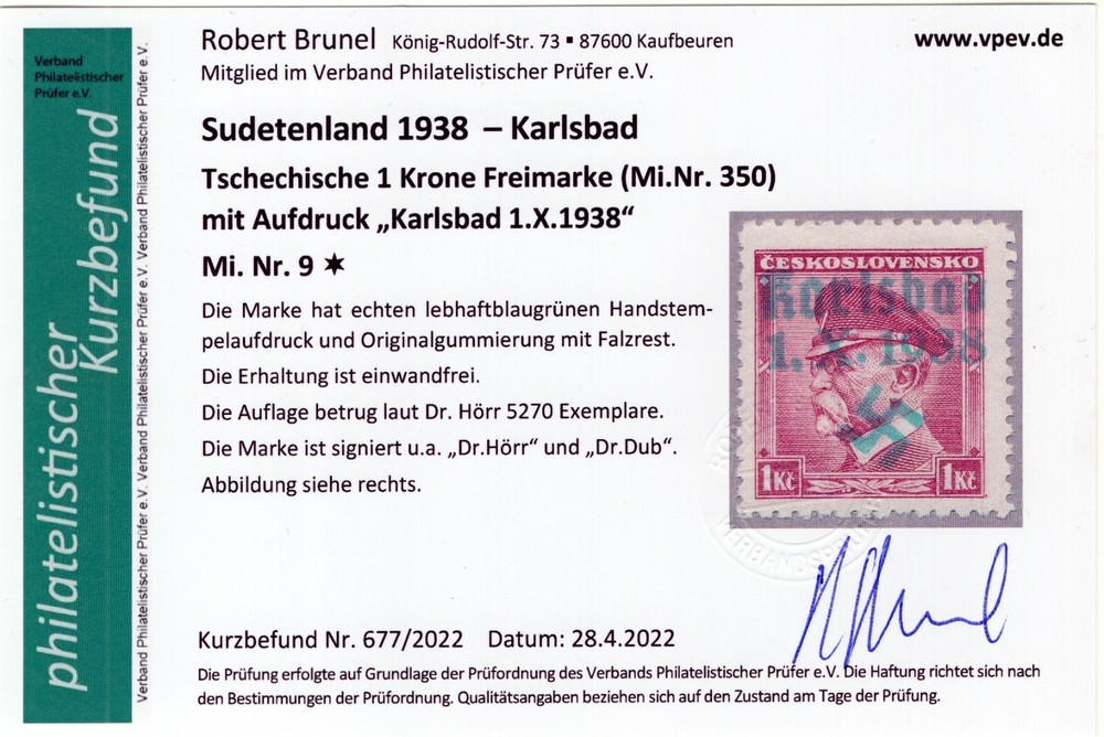 GERMANY OCCUPATION SUDETENLAND KARLSBAD MICHEL 9 BRUNEL CERT PERFECT MH