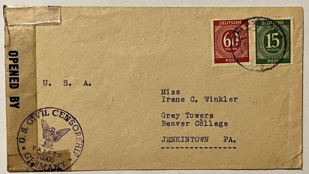 1940s PASSAU GERMANY AMERICAN ZONE COVER SENT TO BEAVER COLLEGE PA US CENSORED