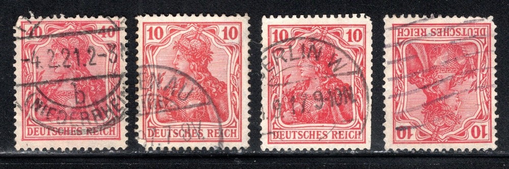 Germany Stamp Scott #83, 10pf, Germania, Carmine, Lot of 4, Used, SCV$6.00
