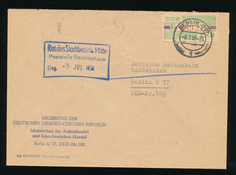 East Germany DDR 1959 ZKD Government Courier Cover Ministry Reichsbahn Berlin
