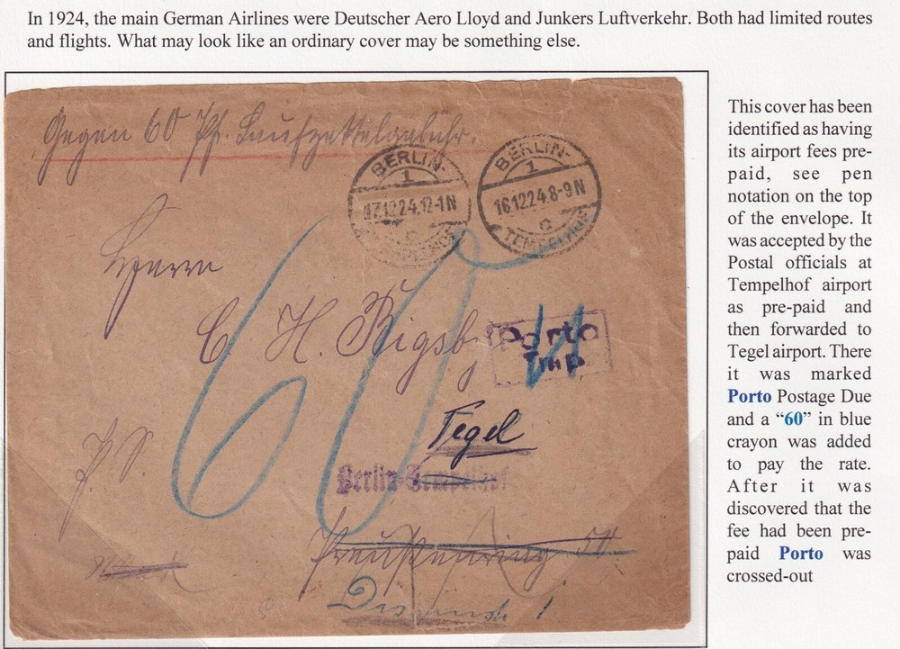 GERMANY AIRMAIL EXHIBIT ITEM UNUSUAL ERRORS IN FRANKING! 1924 COVER RARE!