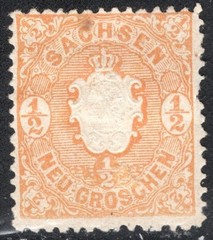 Saxony Stamp Scott #16, 1/2ng, Coat of Arms, Orange, MLH, SCV$4.00 (C)