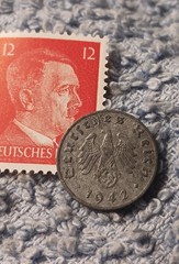 1942 German penny ~ 1 Pfenning ~ km#97 , WW2 Germany ~ + Red 12pf. Stamp