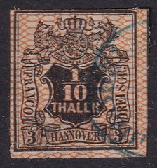 HANOVER 1856 Arms 1/10th Black and Orange SG 17 Used (CV £90)