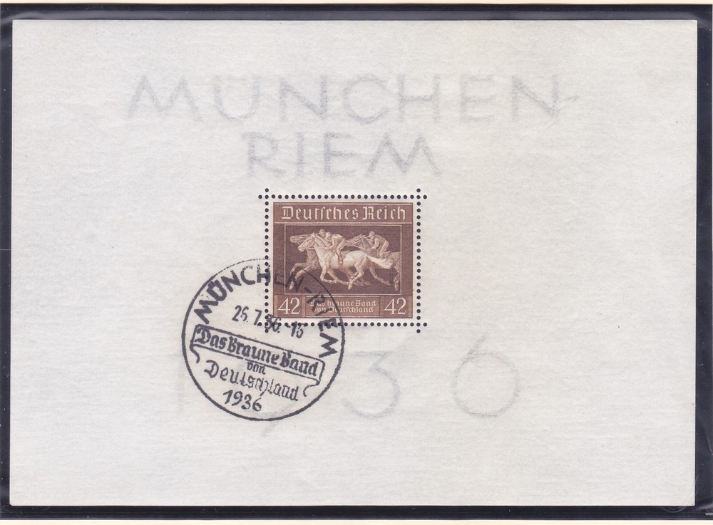Germany B90 Used 1936 42pf Horse Race Souvenir Sheet VF-XF