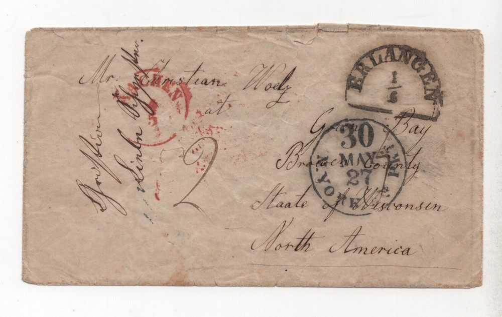 GERMANY 1840S ERLANGEN TO US GREEN BAY WISCONSIN AMERICA PACKET TRANSIT IN RED