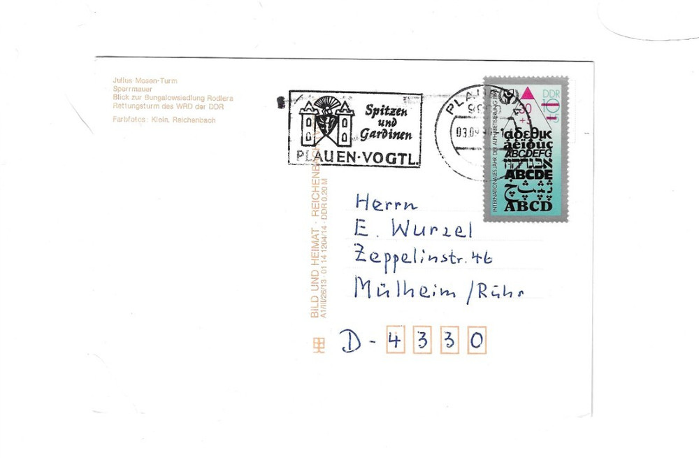 GERMANY Picture Post Card sent from Plauen to Mulheim/Ruhr – Slogan Cancel