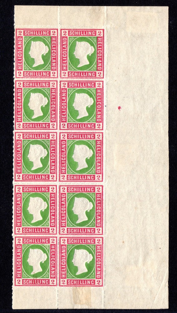 heligoland 2 schilling right side block of 10 #3 1867 rouletted 10 w cert