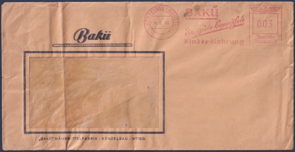 F-EX47798 GERMANY 1944 PIGNEY BOWES MACHINE RED CANCEL BAKU KINDER NAHRUNG.