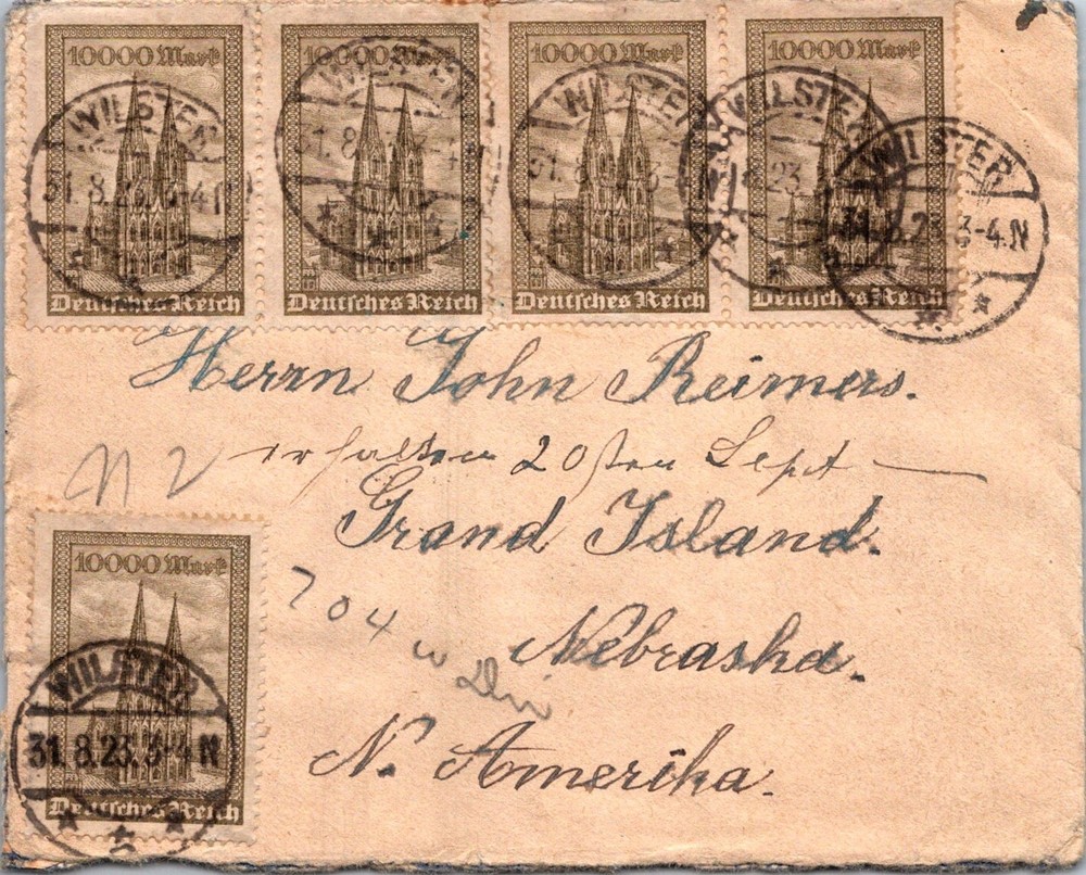 GERMANY 1923 POSTAL INFLATION ERA MULT FRANKING COVER ADDR USA POSMARK WILSTER