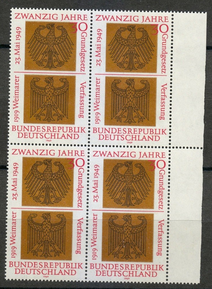 Germany 1969 MNH Mi 585 Sc 998 Eagles of Federal & Weimar Republics.Block of 4**