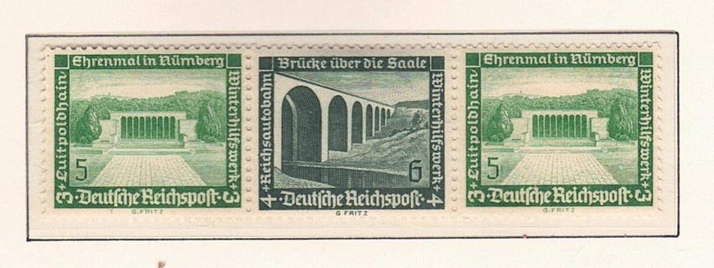 Germany – 1937 ZdMiNr. W120, 5pf+6pf+5pf, Modern Buildings, se-tenant strip of 3