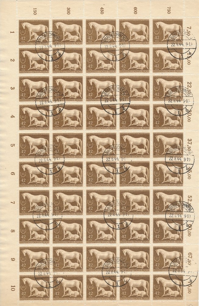 Stamp Germany Mi 899 Sc B283 Sheet 1944 WWII Reich Brown Ribbon Horse Munich CTO
