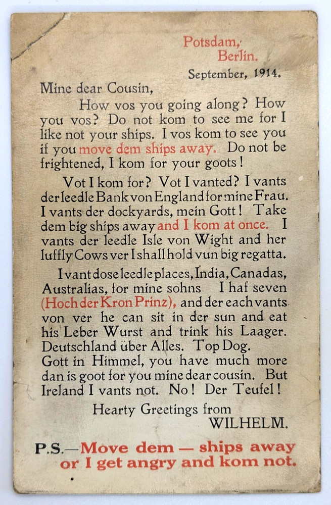 WW1 Anti-German Propaganda Postcard Humour Message from Kaiser Wilhelm 1914