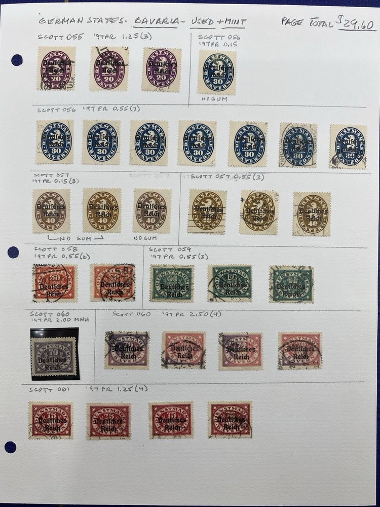 Germany States, Bavaria , Used & Mint, mounted on one album page – hinged, 1920.
