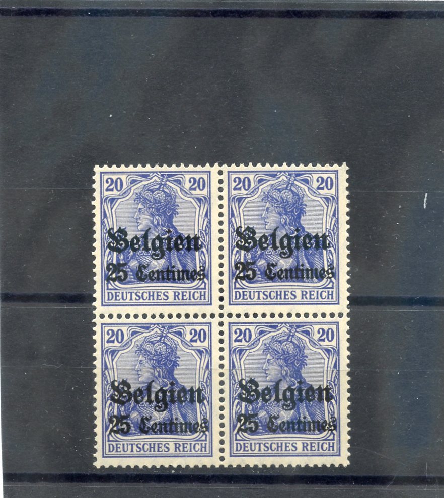 GERMANY, BEGIAN OCC Sc N4(MI 4 II)**VF NH 1914 25c/20pf LILAC/ULTRA, BLK X 4 $60