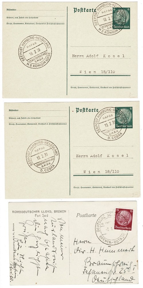 Lot 3 German Seepost Ship Mail Postcards HAPAG Helgoland Bremen-Ostasien