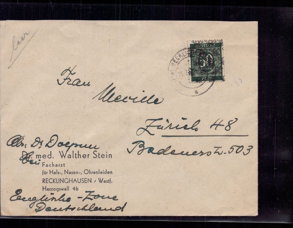 Brief All. Occupation MiNr 66 II – Recklingshausen to Zurich 1948