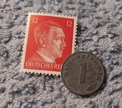 1942 German penny ~ 1 Pfenning ~ km#97 , WW2 Germany ~ + Red 12pf. Stamp