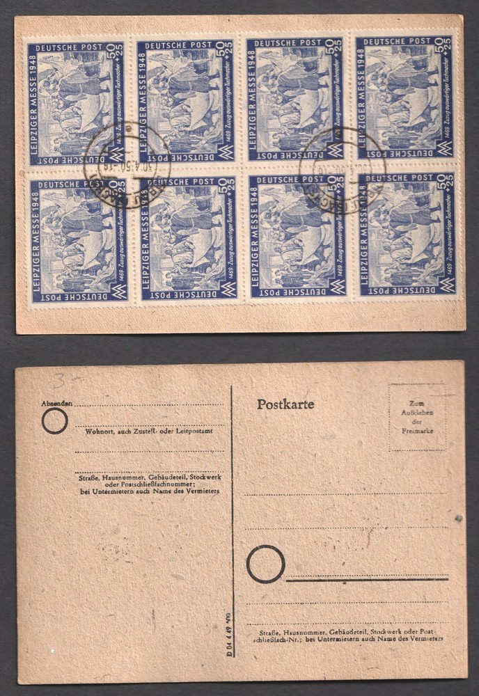 Germany 50pf Leipzig Fair 1948 Block of 8 Lobau Cancel on 1950 Postal Card