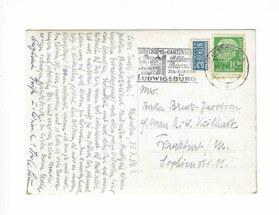 GERMANY 1954 Picture Post Card sent from Stuttgart to Frankfurt – Slogan Cancel