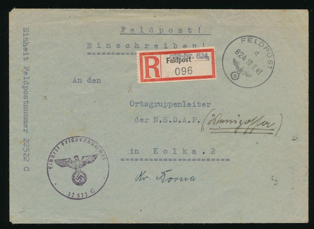 Germany WWII 1943 Registered Feldpost Cover NSDAP Kolka Latvia R Label 096