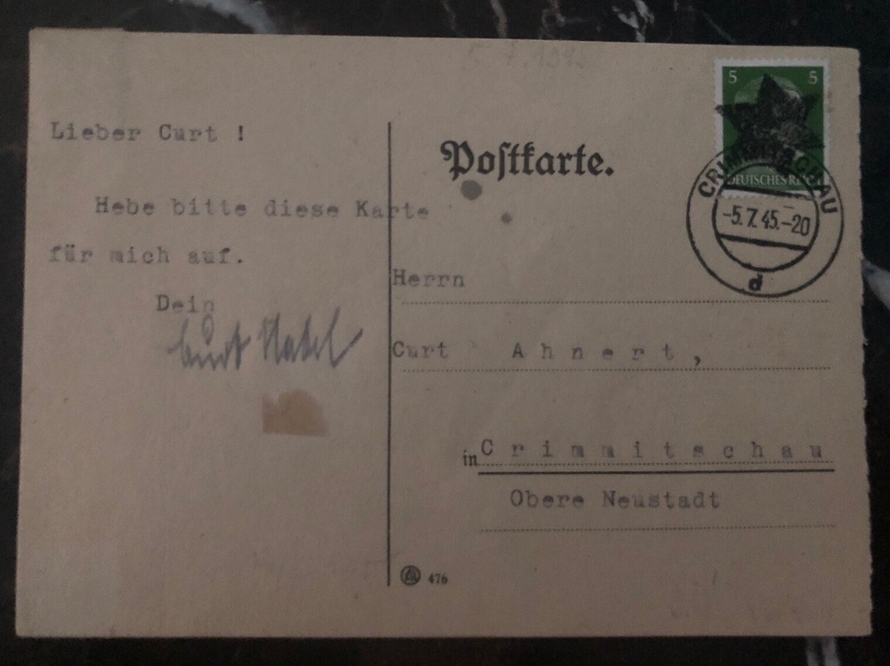 1945 Crimmitschau Germany Postcard Cover Post WW2 provisional Star Overprint