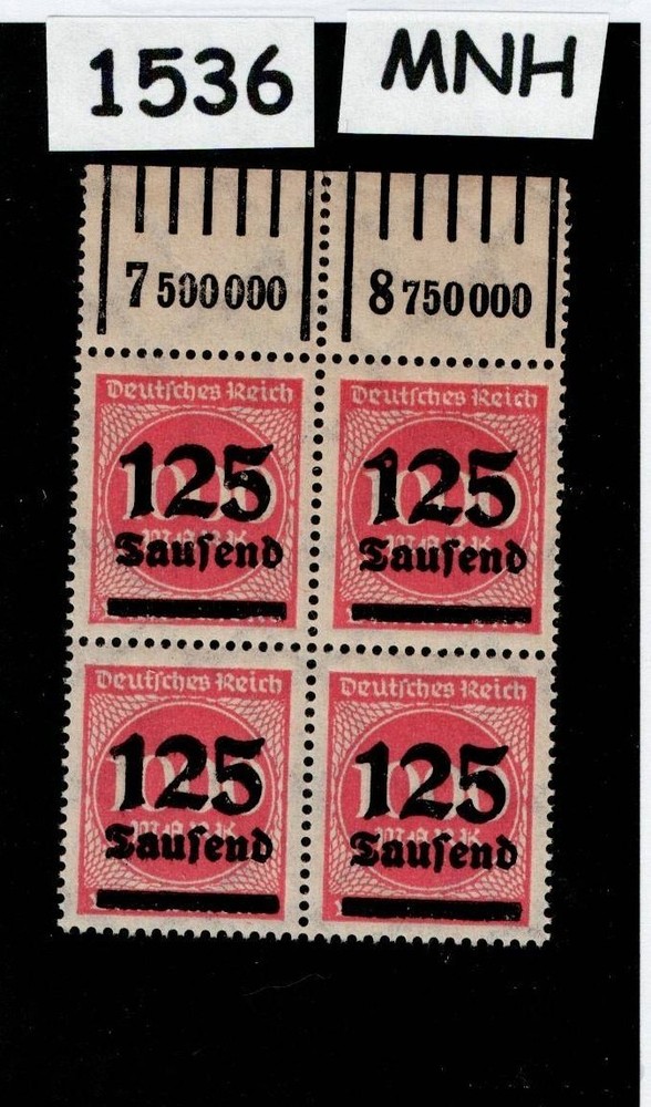 MNH block Overprint 125K over 1000Mk Sc #255 Weimar German Republic 1923 #1536