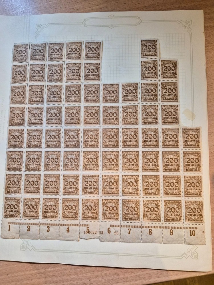 German Stamps Third Reich HyperInflation block of 91 stamps 1923 200M million