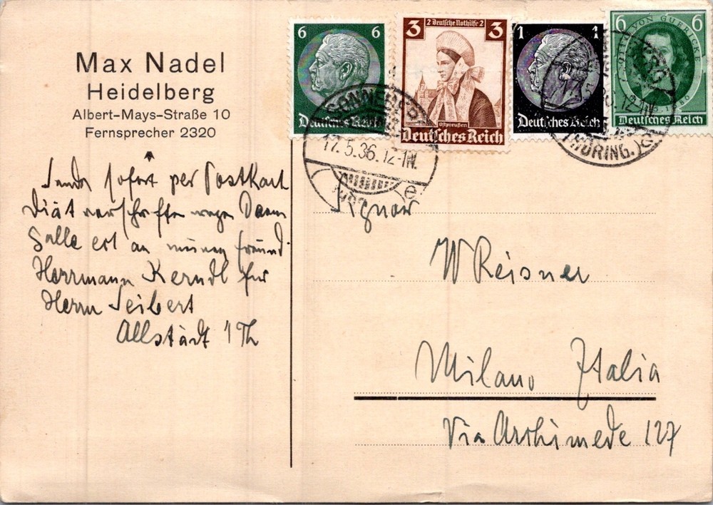 GERMANY 1936 POSTAL UPRATED STATIONERY POSTCARD MULT FRANK ADDR ITALY & POSTMARK