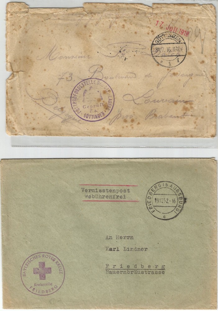 Germany 2 covers 1916-1952, Red Cross missing post free of charge 1952 with a re