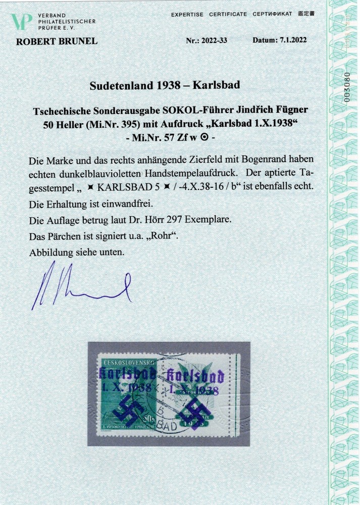 GERMANY OCCUPATION SUDETENLAND KARLSBAD MICHEL 57 TAB PERFECT USED CERT BRUNEL
