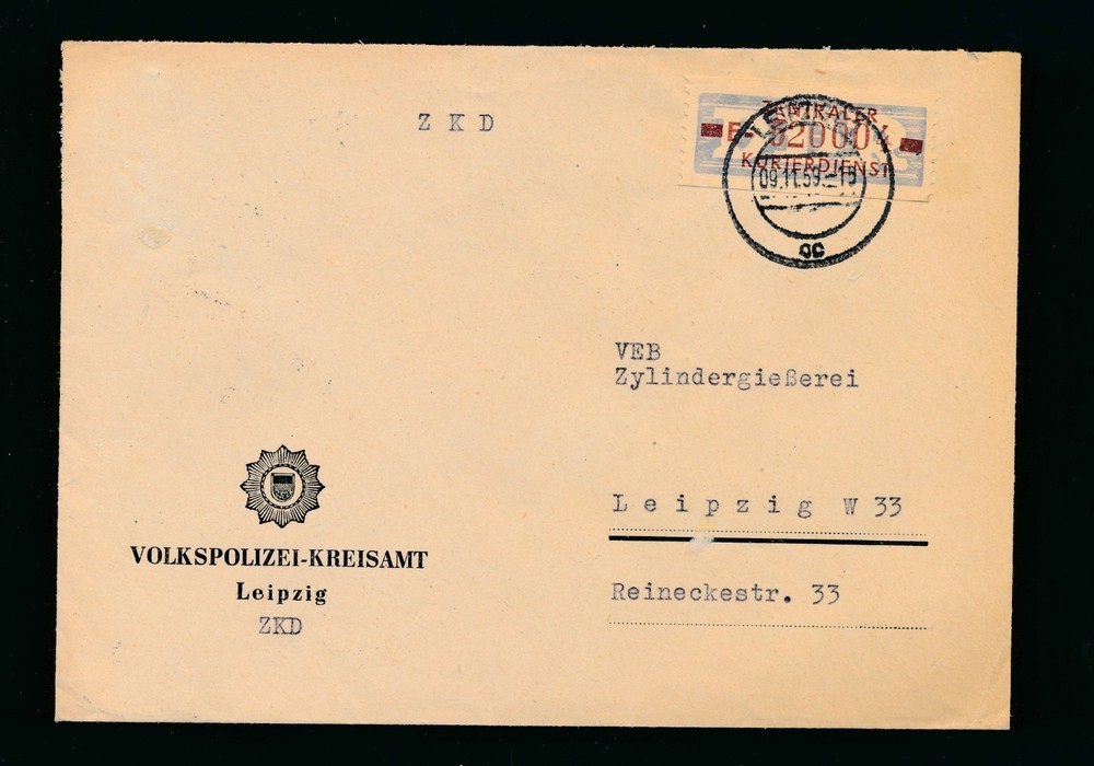 Germany DDR 1959 ZKD Volkspolizei Leipzig Cover F-620001 Police Courier Mail