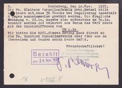 GERMANY 1937, Postcard (invoice) from Schönberg to Bad-Bibra with meter mark