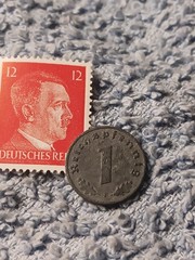 1942 German penny ~ 1 Pfenning ~ km#97 , WW2 Germany ~ + Red 12pf. Stamp