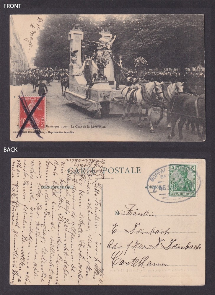 GERMNAY, Postcard Nancy Historical Procession 1909, Railway cancellation