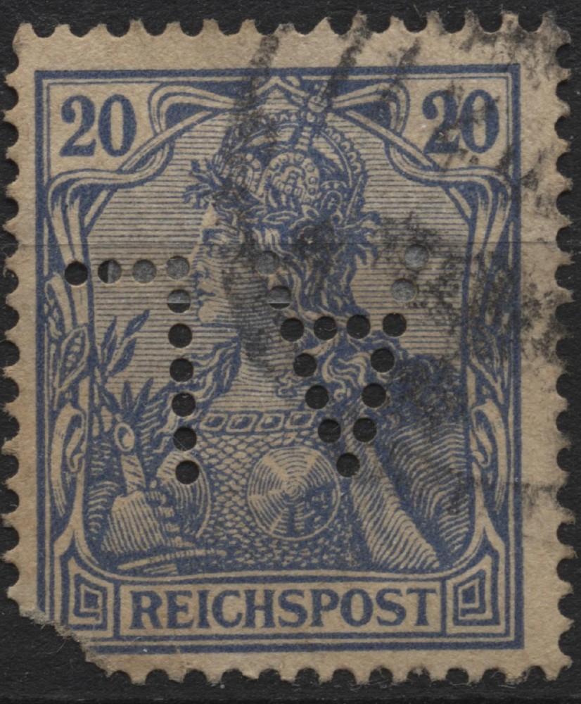 Germany 1900 #56 20pf ultramarine, Germania, Reichpost, perfin „A L“, used