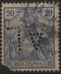 Germany 1900 #56 20pf ultramarine, Germania, Reichpost, perfin „A L“, used