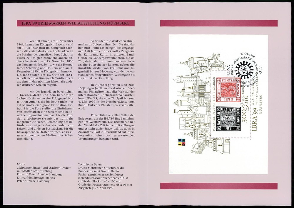 GERMANY FOLDER 1999/11 M/S S/S IBRA FAIR NUREMBERG BAVARIA 1 BLACK SAXONIA 3 RED