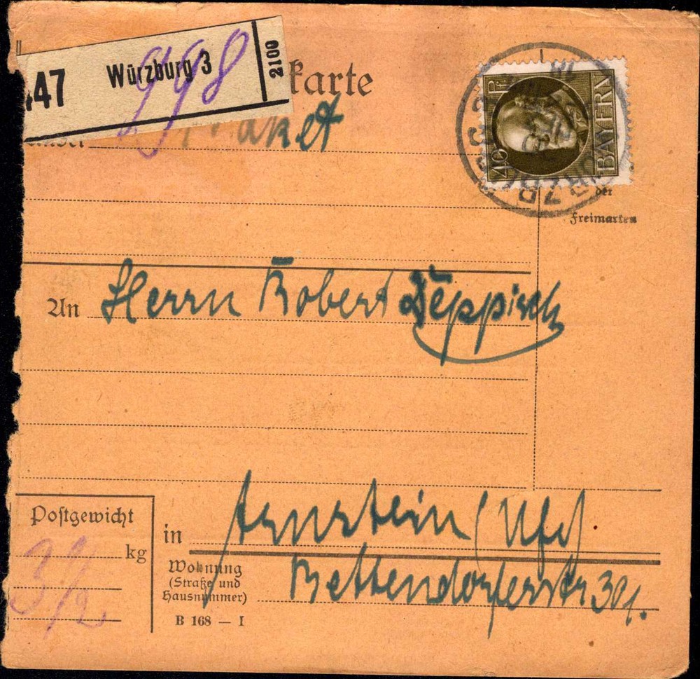 Bayern Parcel Card Würzburg 40 Pfennig (B2)