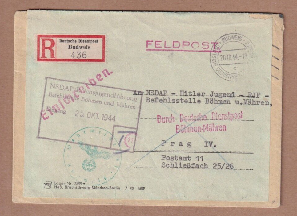 Oct 20 1944 Budweis Bohemia & Moravia Feldpost NSDAP Hitler Youth Office Prague