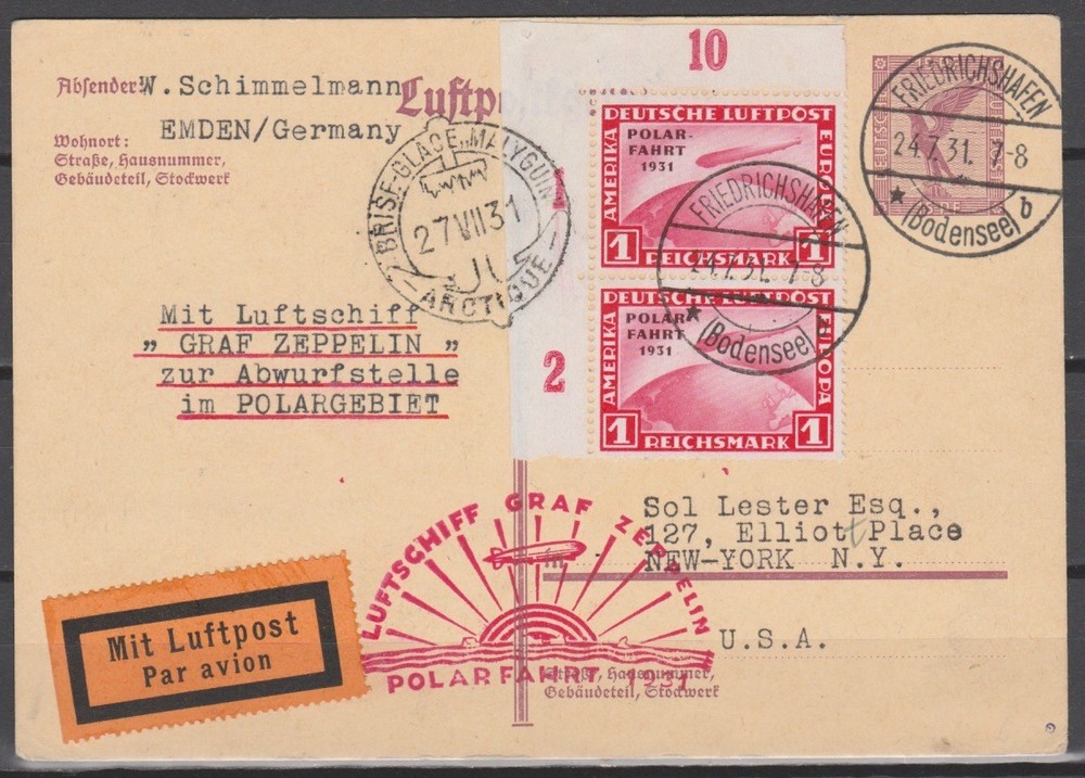 Germany Airmail 1931 Polar Flight Zeppelin to New York (Mi 456 with OR) card