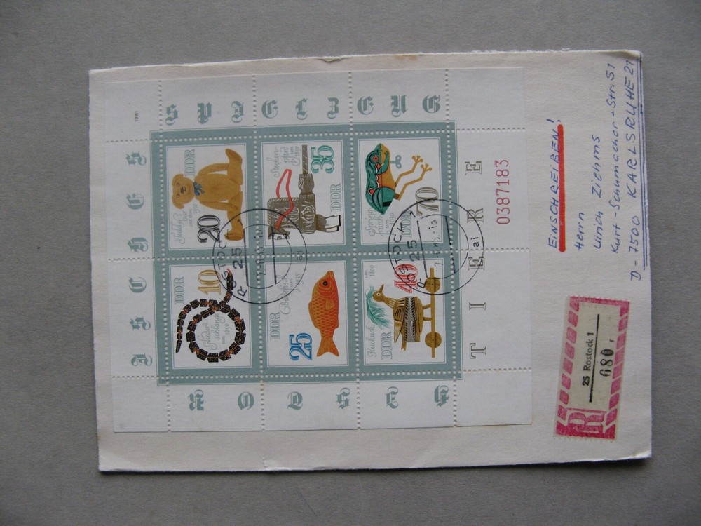 GERMANY DDR, R-cover 1985, S/S toys 1981, ao teddybear wooden snake jumping fro