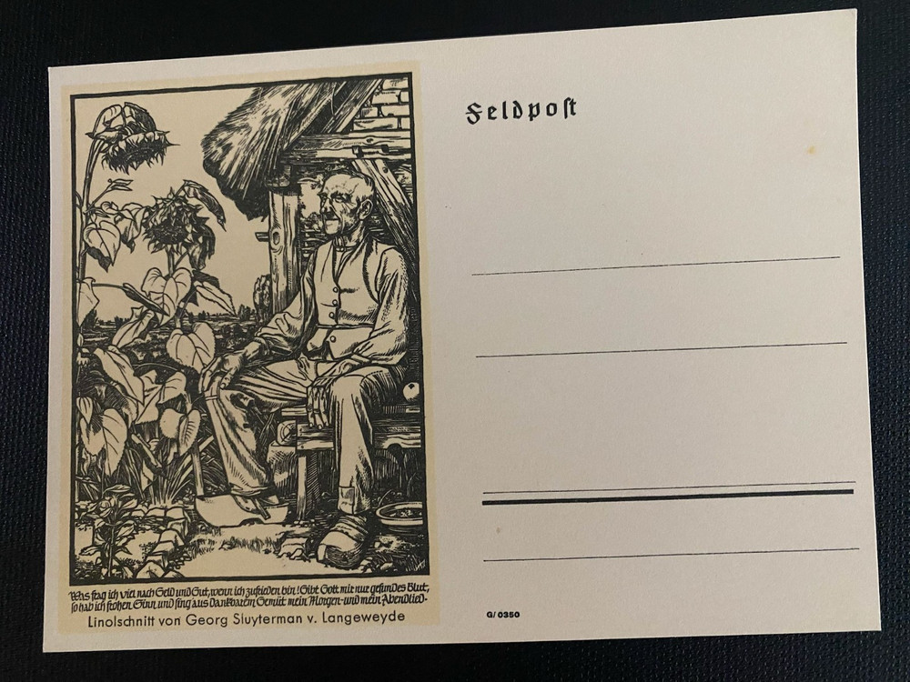 WWII German Feldpost – Elderly man resting by sunflowers (Sluyterman)
